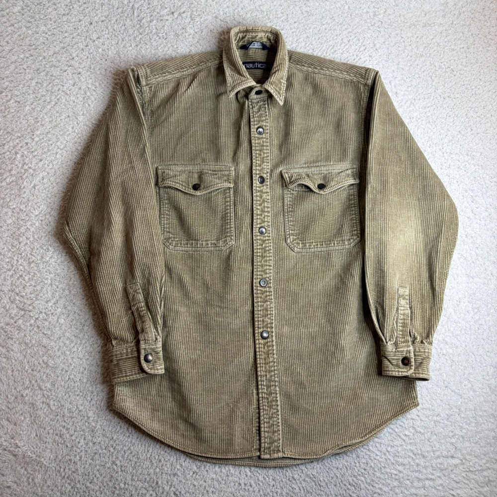Vintage Nautica Mens Corduroy Snap Front Shirt Khaki Tan Long Sleeve Pockets